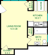 Tupelo studio floorplan shows roughly 380 square feet, with a kitchen, a bathroom and a living room.