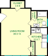 Beech Studio Floorplan shows roughly 415 sqaure feet, with a living room, bathroom, kitchen and two closets.