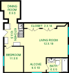 Sweetgum one bedroom shows roughly 635 square feet, with a living room, alcove, bedroom, kitchen dining room and private bathroom.