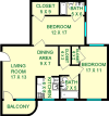 Tamarack Two Bedroom and Two Bathroom floorplan shows roughly 920 square feet, with bedrooms, bathrooms, a living room, kitchen, dining area and closets.