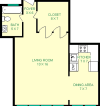 Jarvis studio floorplan shows roughly 405 square feet, featuring a living room, closet, bathroom, dining area and kitchen