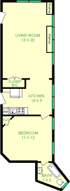 Nishikado one bedroom floorplan shows roughly 580 square feet, with a bedroom, bathroom, living room, Kitchen, and closets