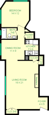 Nutting One Bedroom floorplan shows roughly 750 square feet, with a bedroom, bathroom, living room, dining room, kitchen, foyer and closets