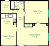 Rosenthal One Bedroom floorplan shows roughly 900 square feet, with a living room, bedroom, bathroom, dining room, kitchen, closet and halls.
