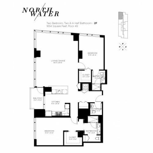 Two Bedroom 2.5 Bathroom Floor Plan 2F Penthouse