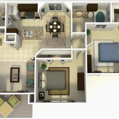 Doral Rehab two bedroom one bathroom 3D floor plan