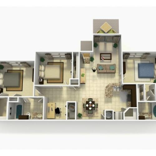 Almeria Rehab three bedroom two bathroom with den 3D floor plan