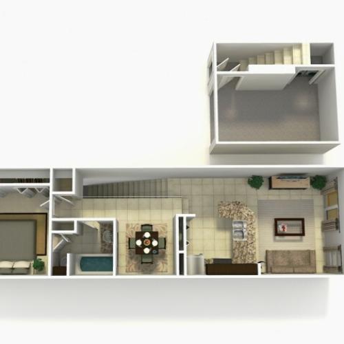 Sevilla Rehab one bedroom one bathroom town home with single car garage 3D floor plan