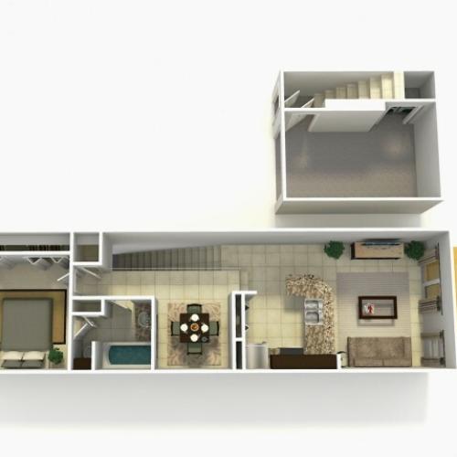 Sevilla Upgrade one bedroom one bathroom town home with single car garage 3D floor plan