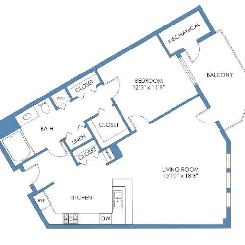Copley Floor Plan. 1 Bed, 1 Bath, 858 Sq.Ft.