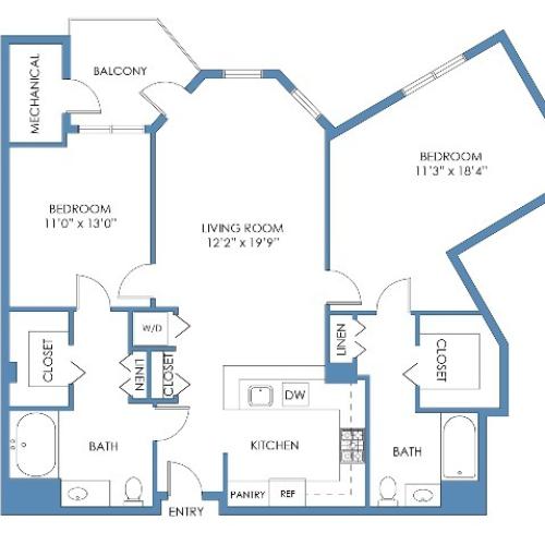 Beacon Hill Floor Plan. 2 Bed, 2 Bath, 1142 Sq.Ft.