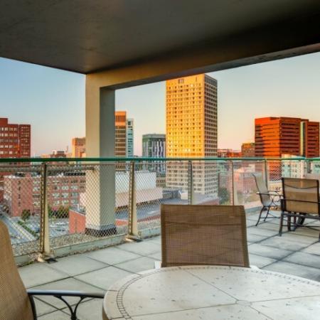 roof deck Kendall Square apartments overlooking downtown Boston
