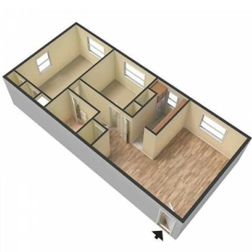 Floor plan image for The Barcelona: walk into the living space with wood floors, turning left will get you to the 2 bedrooms, 1 bathroom, and galley style kitchen.
