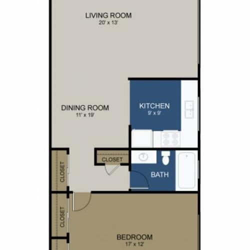 One-bedroom layout K floor plan at the Commons at Fallsington