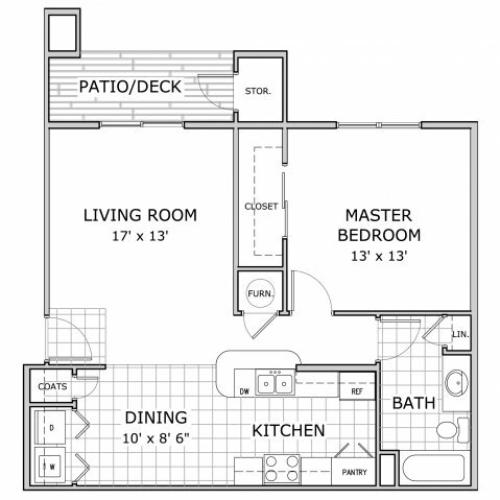 floor plan image of one bedroom apartment homes at Palm Village