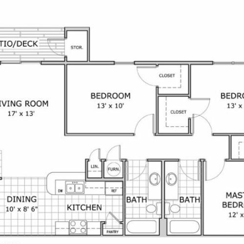 floor plan image of a furnished 3 bedroom and 2 bathroom apartment home at Hawthorn Suites