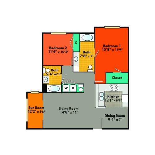 2x2 Small w/Sunroom Floor Plan
