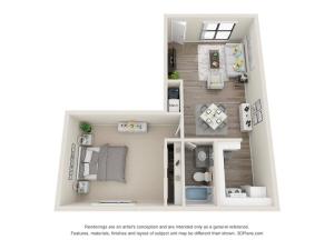 Delano floor plan with 1 bedroom, 1 bathroom, enhanced finishes and wood style floors
