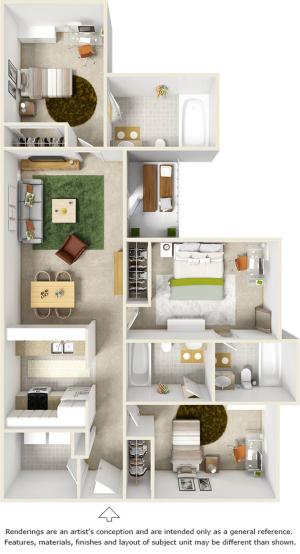 The Buccaneer Premium Suite 3 bedrooms 3 bathrooms floor plan with quartz countertops