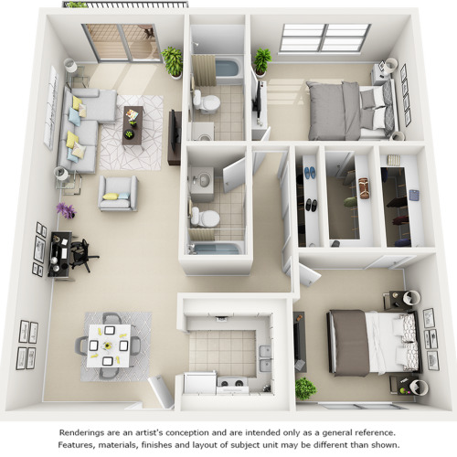 Magnolia floor plan with two bedrooms and 2 bathrooms.