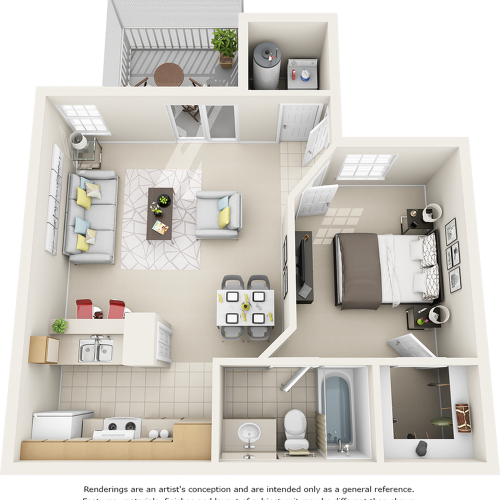 Sago 1 bedroom 1 bathroom floor plan with quartz counter tops