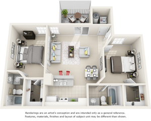 Hibiscus  2 bedrooms 2 bathrooms floor plan with premium finishes