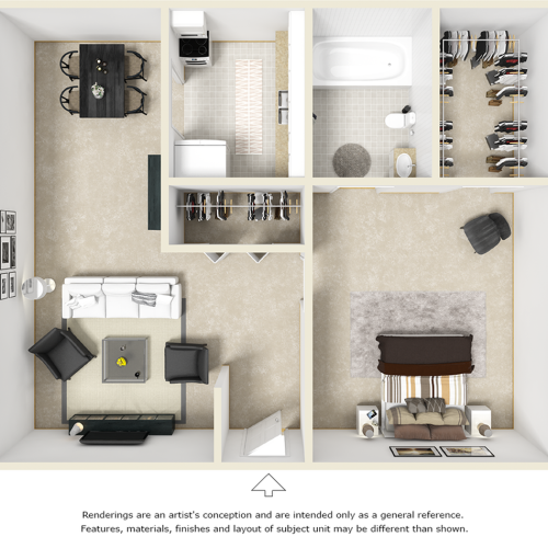 Village West 1 bedroom and 1 bathroom floor plan with premium finishes