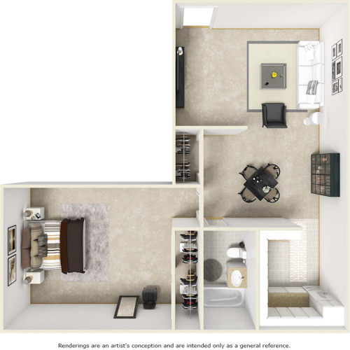Delano floor plan with 1 bedroom, 1 bathroom, enhanced finishes and wood style floors