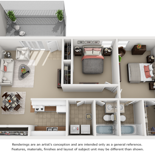 Tranquility 2 bedrooms 2 bathrooms floor plan with premium finishes