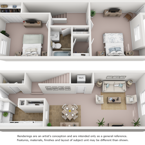 Oak floor plan with 2 bedrooms, 1.5 bathrooms and enhanced finishes