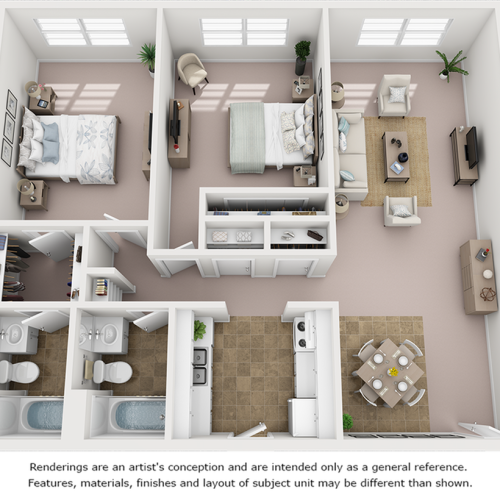 Palm floor plan with 2 bedrooms, 2 bathrooms, premium finishes and new cabinetry