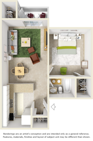 St. John floor plan with 1 bedroom and 1 bathroom
