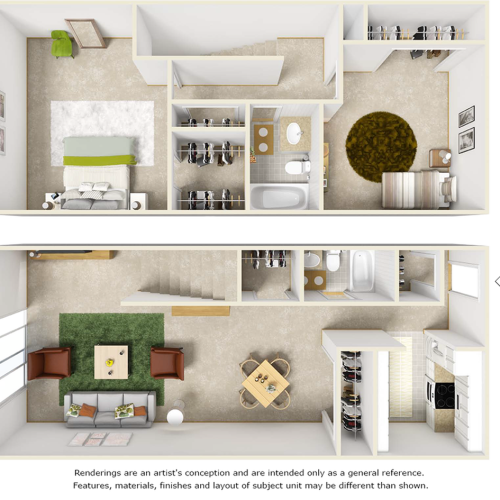 Egret floor plan with 2 bedrooms and 1.5 bathrooms