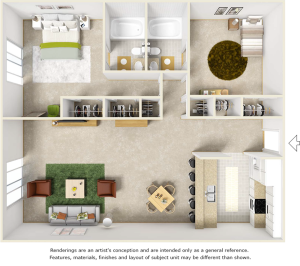 Bluegill floor plan with 2 bedrooms, 2 bathrooms, washer, dryer, and wood style floor