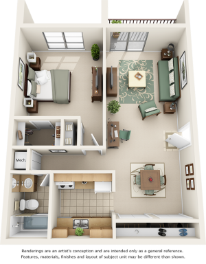 Day Lily 1 bedroom 1 bathroom floor plan with premium cabinetry