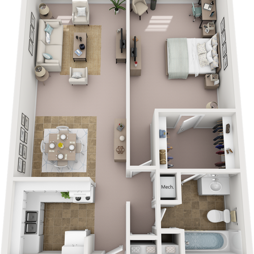 Azalea 1 Bedroom and 1 Bathroom Floor Plan with premium finishes and new cabinetry