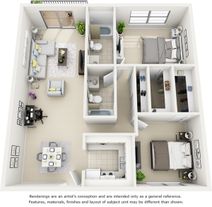 Magnolia floor plan with 2 bedrooms, 1.5 bathrooms, premium finishes and new cabinetry