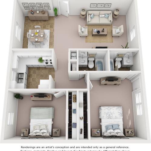 Windmill floor plan with 2 bedrooms and 2 bathrooms