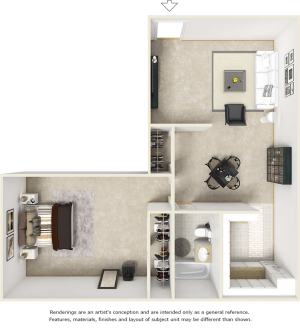 Delano floor plan with 1 bedroom and 1 bathroom