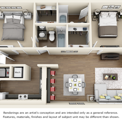 Redwood 2 bedrooms 2 bathrooms floor plan with premium finishes and granite countertops