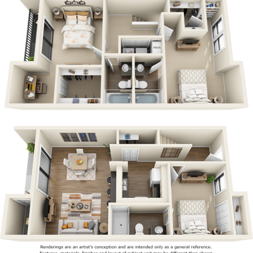 Cypress 3 bedrooms 3 bathrooms floor plan with modern finishes, stone countertops and double balcony