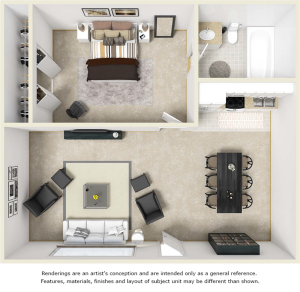Tranquility 1 bedroom 1 bathroom floor plan with premium finishes