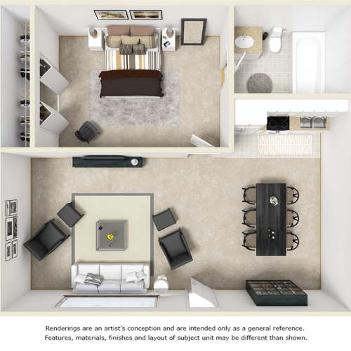 Tranquility 1 bedroom 1 bathroom floor plan with premium finishes