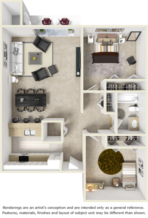 Harmony 2 bedrooms 1 bathroom floor plan with with wood style floors