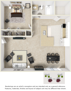 Serenity 1 bedroom 1 bathroom floor plan with wood style floors