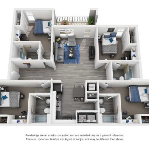 3d floor plan with 4 bedrooms and common areas.