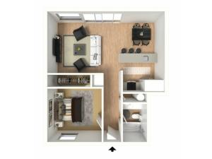 3D floorplan of one-bedroom, one-bathroom with furniture