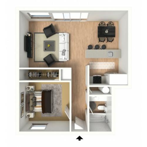 3D floorplan of one-bedroom, one-bathroom with furniture