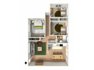 3D floorplan of three-bedroom, one-bathroom unit with furniture