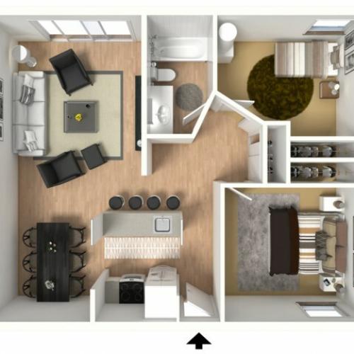3D floorplan of two-bedroom, one-bathroom large with furniture